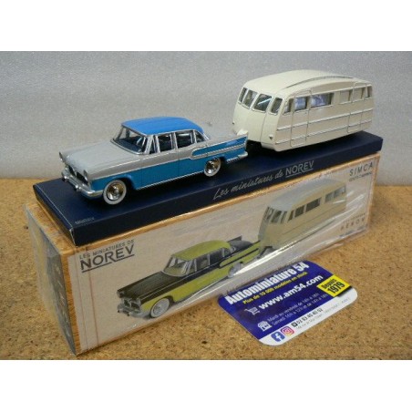 Simca Vedette Chambord 1958 et caravane Hénon Bleu Léman et Gris 1/43