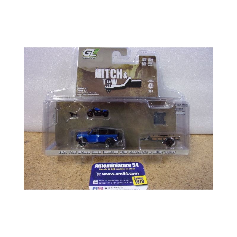 Ford Bronco 2021 + Motocycle + Utility Trailer Plateau " Hitch & Tow " 32320-C Greenlight 1.64ième