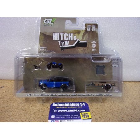 Ford Bronco 2021 + Motocycle + Utility Trailer Plateau " Hitch & Tow " 32320-C Greenlight 1.64ième
